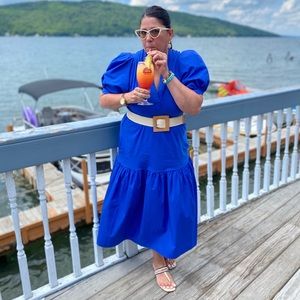 Who What Wear Size L  Dress Blue Puff Short Sleeve Woven  With Belt worn once
